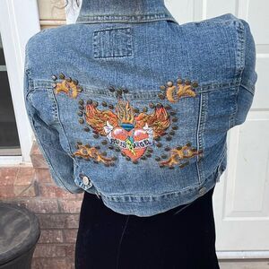 Vintage Y2K oversized Cropped Denim Jacket with beaded embroidered angels
